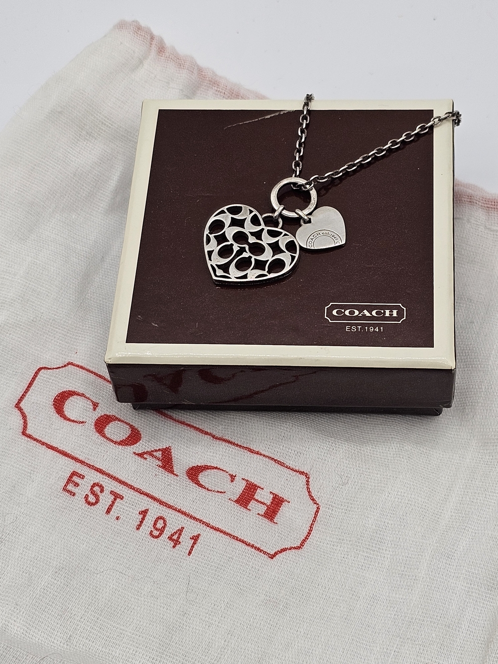 Vintage Y2K Coach Signature C Cutout Heart Pendant Necklace + Box & Bag Bundle
